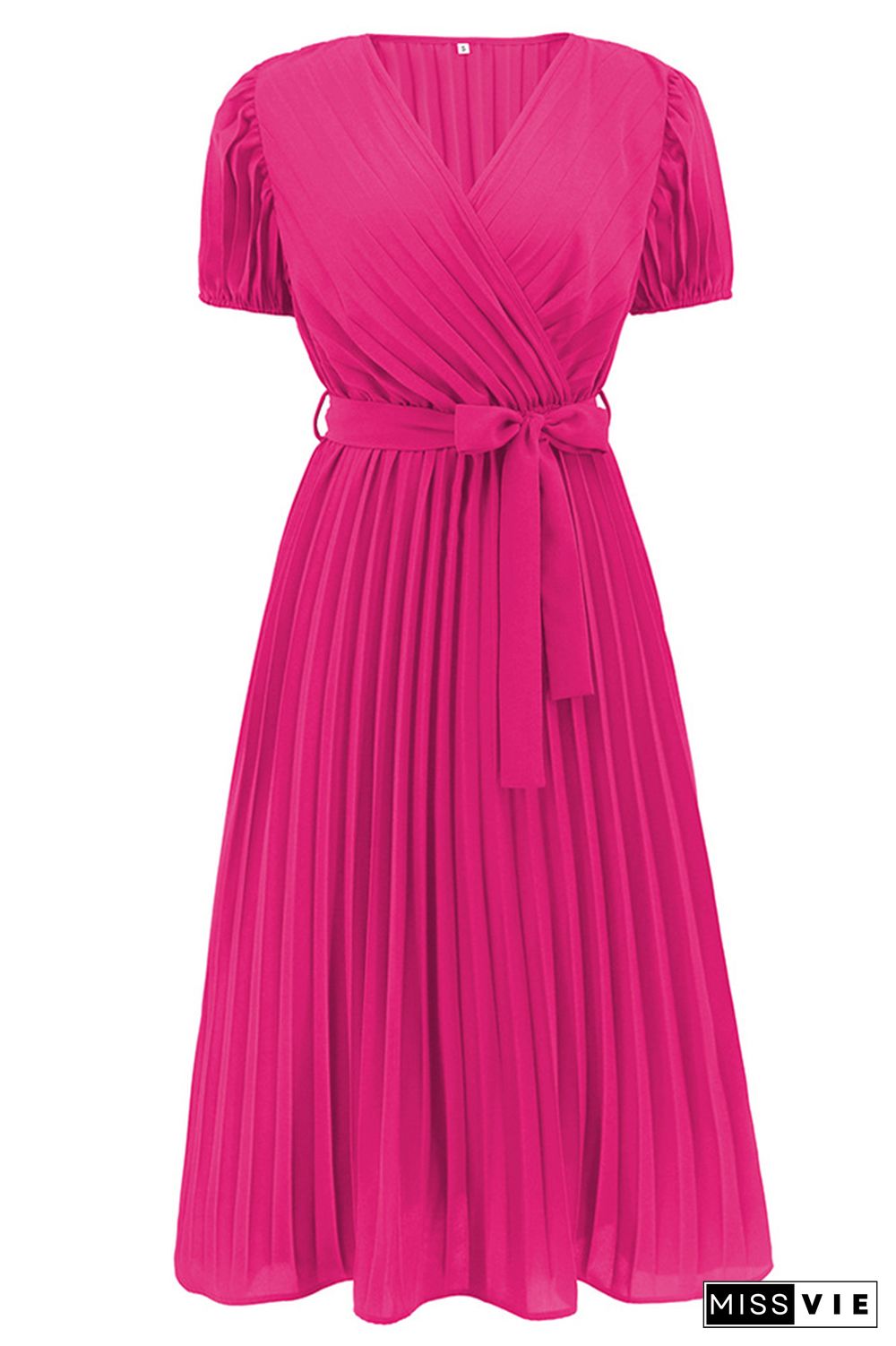 Plain Wrap V Neck Pleated Midi Dress With Sash