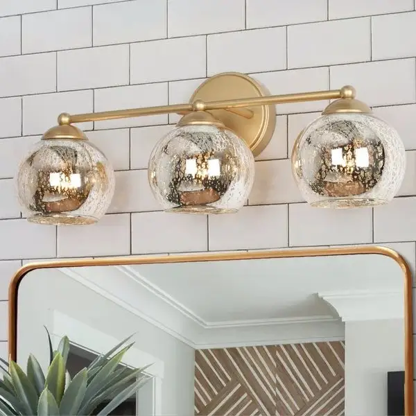 Mid-Century Modern 3-Light Linear Gold Bathroom Vanity Lights Globe Wall Sconces with Mercury Glass - 21