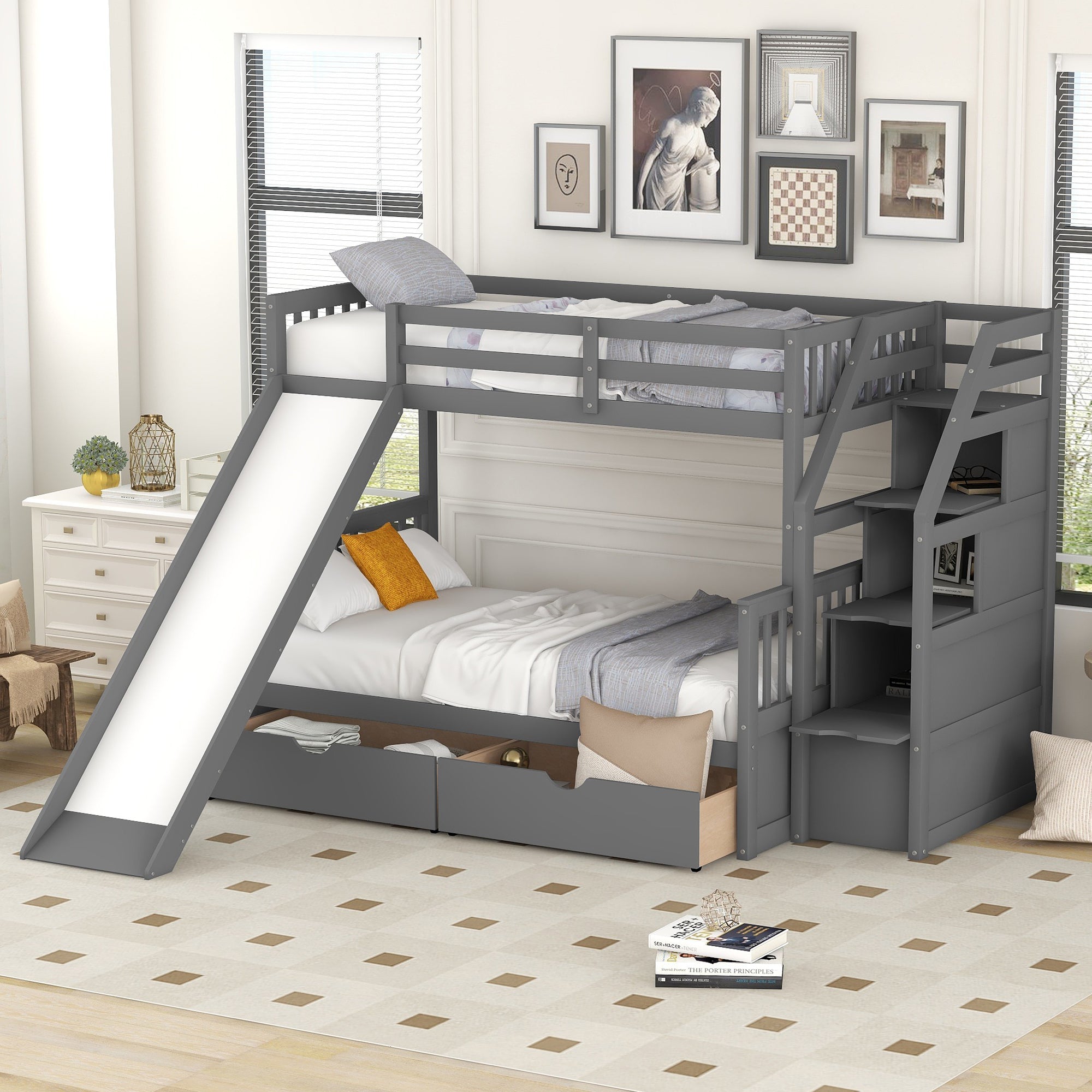 Bellemave Twin Over Full Bunk Bed with Stairs and Slide, Solid Wood Bunk Bed Frame with Storage Drawers for Kids Boys Girls Teens （Grey)