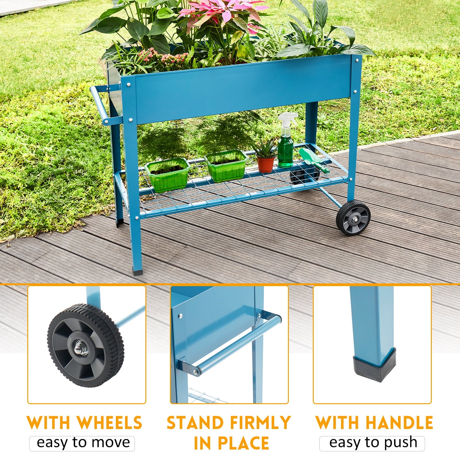 Pushable Blue Metal Raised Garden Bed, Outdoor/Indoor Garden Pots with Handles, Wheels and Shelves, Apartment Patio Stand for Vegetables Flowers Fruits from EXCITED WORK-37.4 inches long