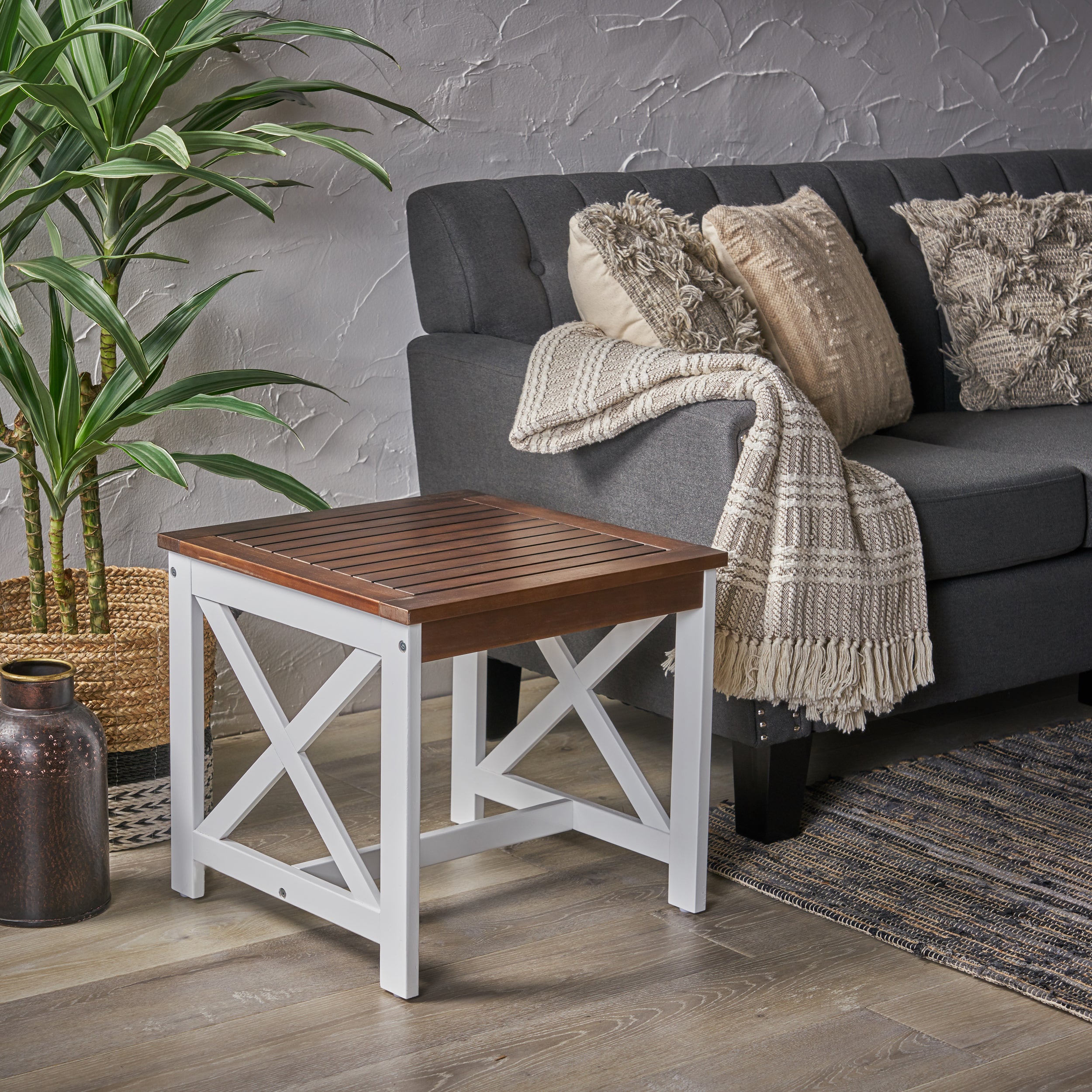 Jean Farmhouse X-Frame Acacia Wood End Table with Slat Top