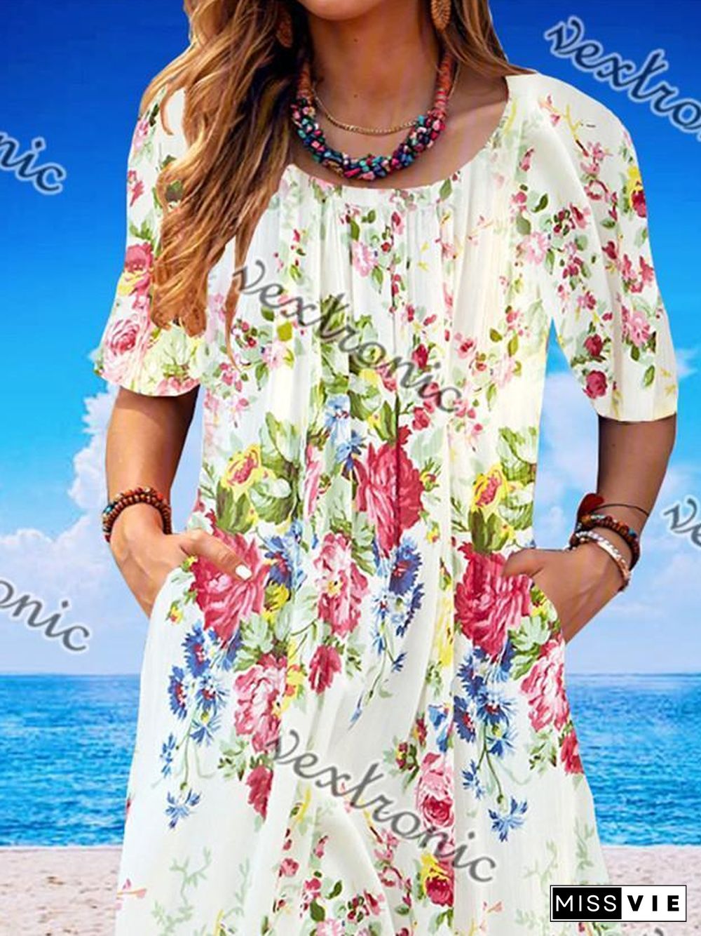 Women Casual Short Sleeve Scoop Neck Floral Printed Midi Dress