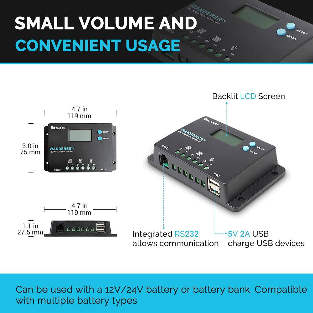 Renogy 12V 100-Watt Monocrystalline Bundle Kit Solar Panel with Wanderer 10 Amp Charge Controller RNG-KIT-BUNDLE100D-WND10