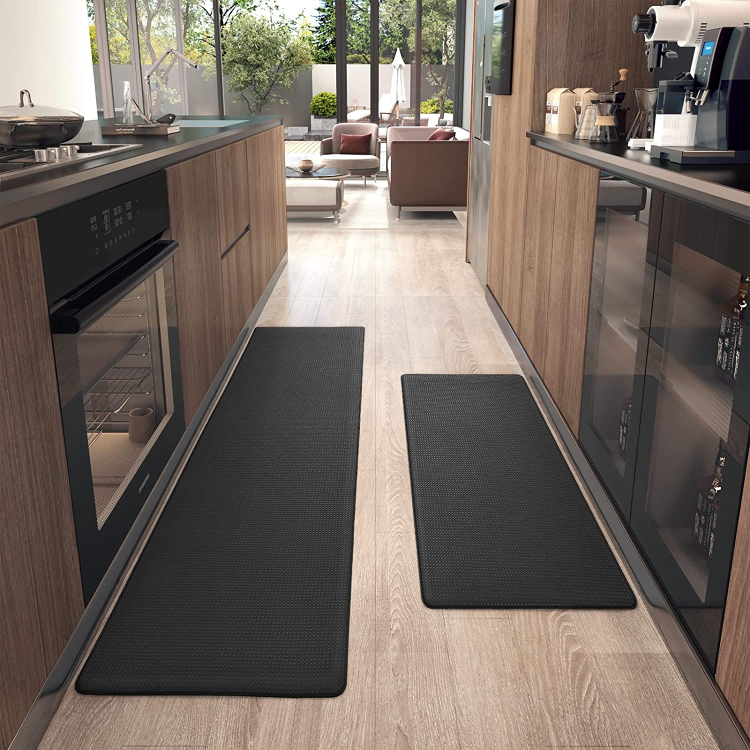 ColorandGeometry Kitchen Rugs， Kitchen Rug Set 2 Piece Kitchen Runner Rug Kitchen Floor Mat， Cushioned Anti Fatigue Kitchen Mat Non Skid Waterproof Comfort Standing Kitchen Rug， 17x29+17x59， Black