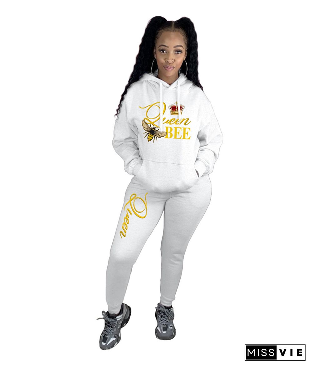 Casual Printed Hooded Sweatshirt and Pants Tracksuit