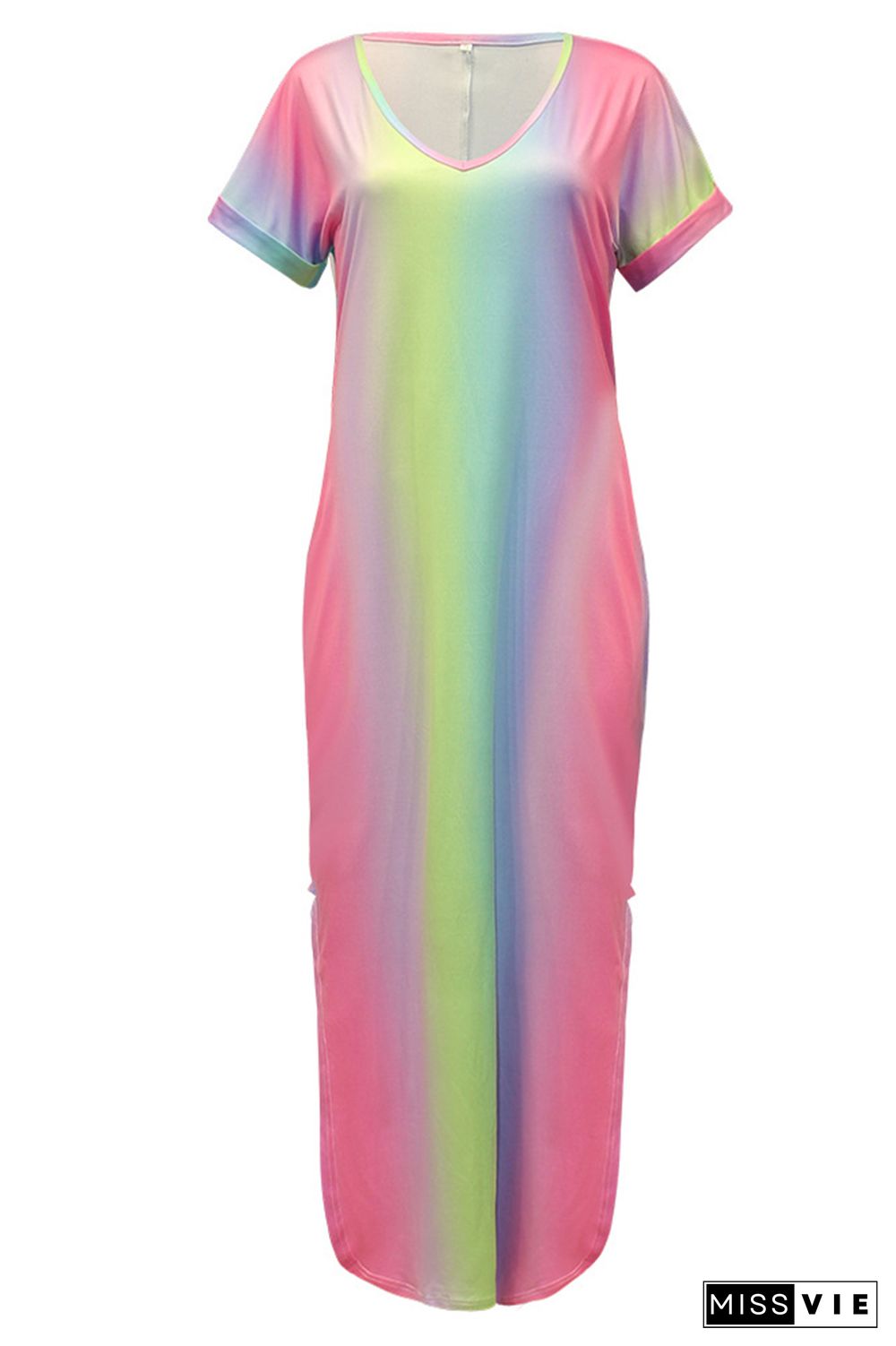 Tie Dye Print V-Neck Short Sleeve Side Slit Loose Maxi Dress Wholesale