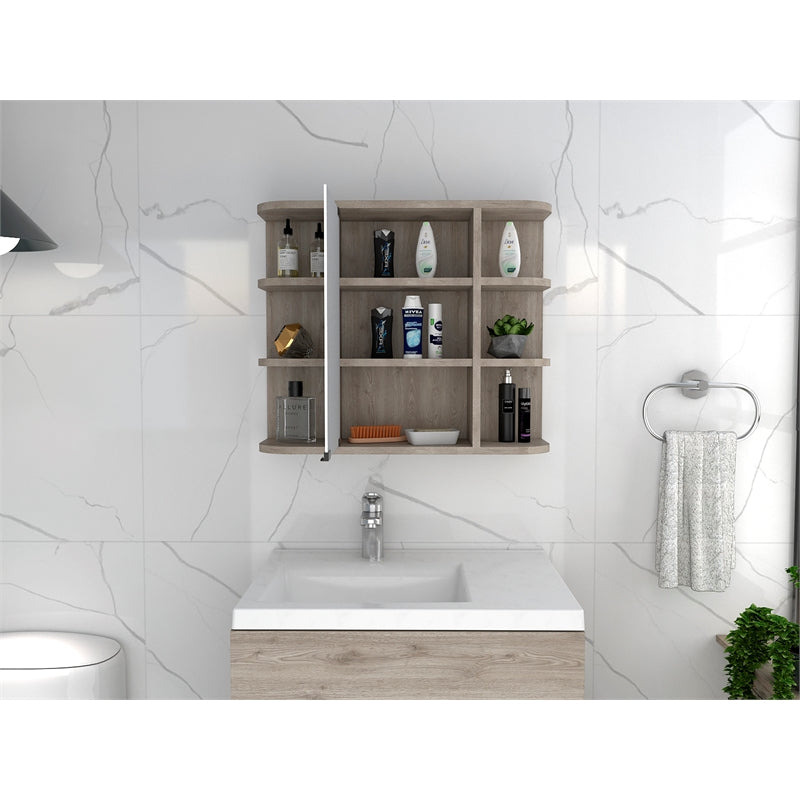 TUHOME Milan Medicine Cabinet, Six External Shelves Mirror, Three Internal Shelves, Light Grey, For Bathroom