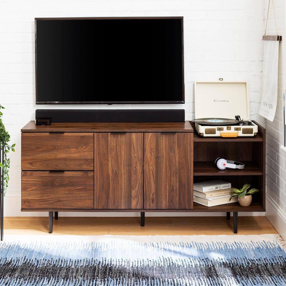 Welwick Designs 58 in. Dark Walnut Wood TV Stand with 2 Drawer Fits TVs Up to 64 in. with Storage Doors HD8107