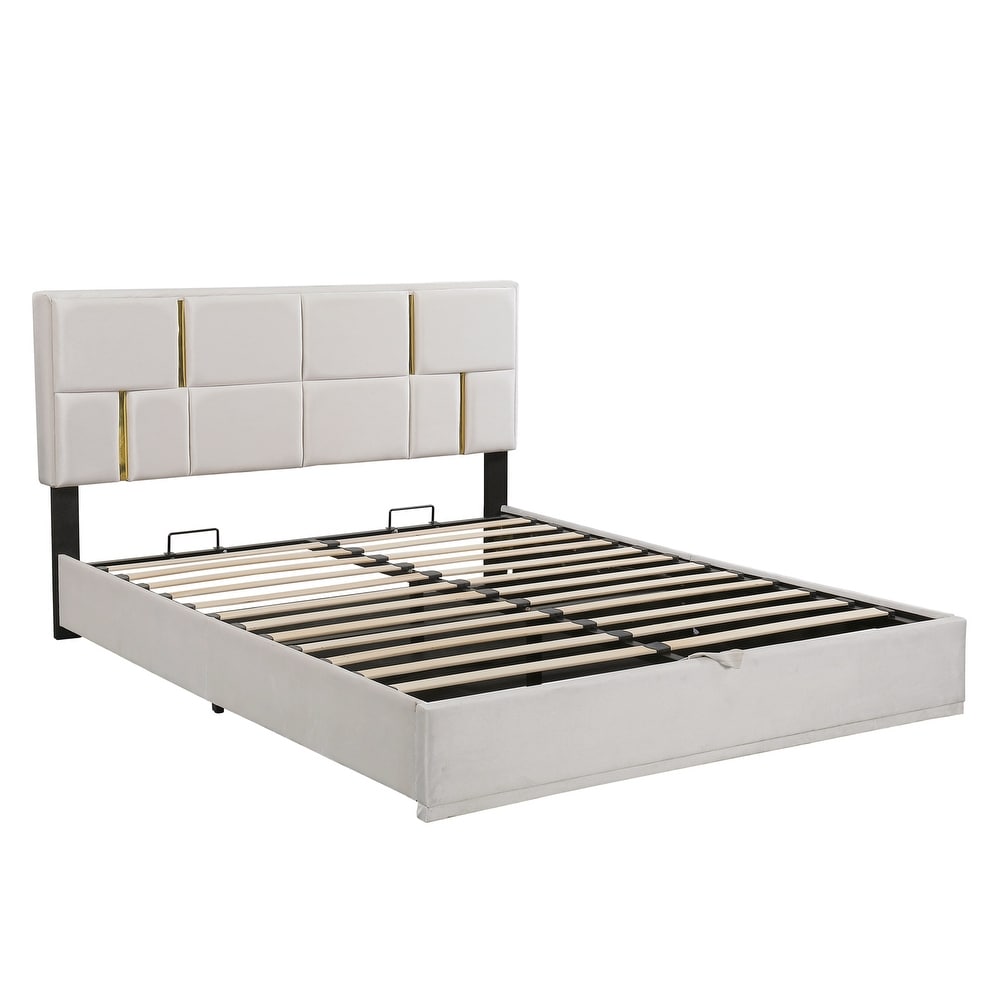 Beige Queen Size Upholstered Platform Bed with Hydraulic Storage System and Gold Trim Headboard  No Box Spring Needed