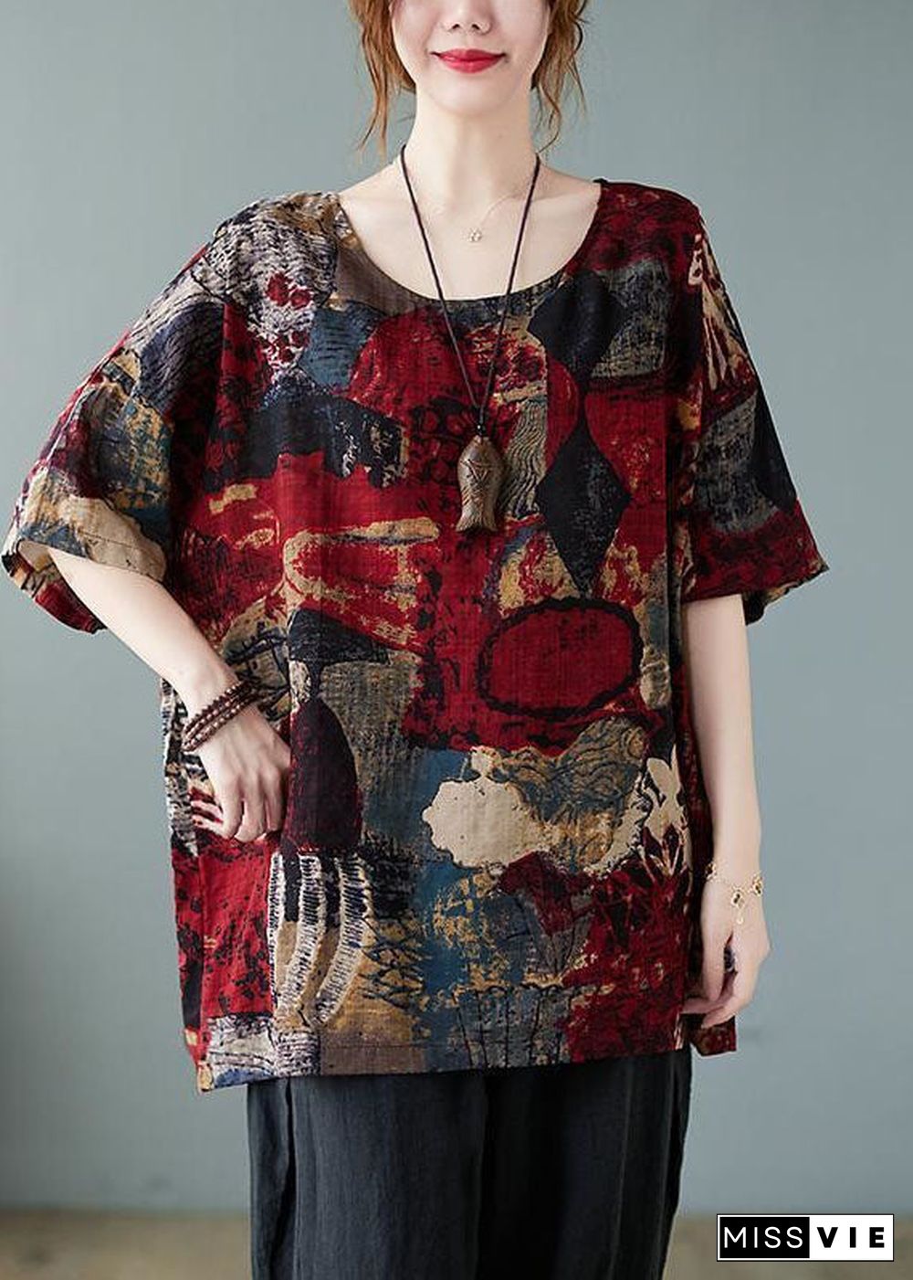 Plus Size Red O Neck Print Patchwork Cotton T Shirt Summer