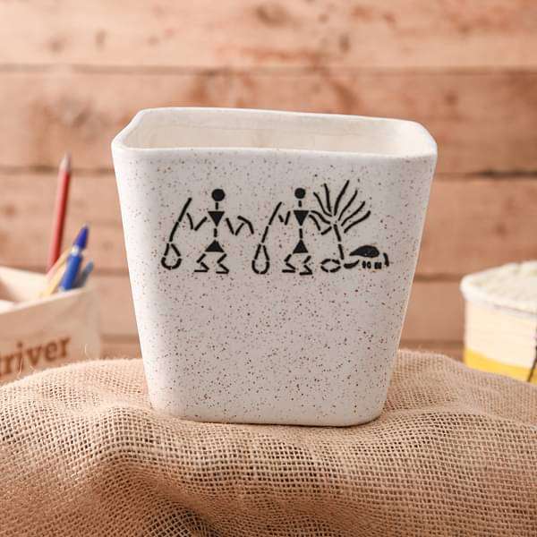 5.9 inch (15 cm) Warli Painting Marble Finish Square Cone Ceramic Pot With Rounded Edges (White) (set of 2)