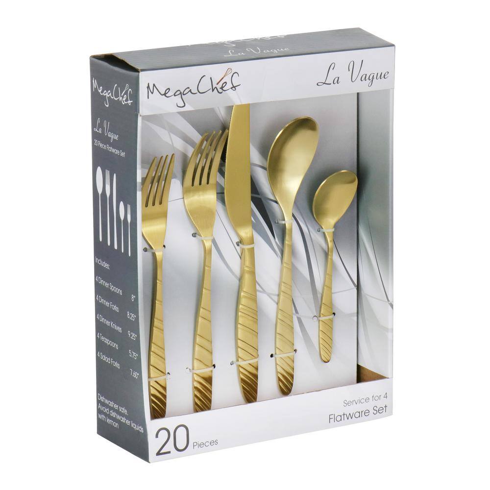 MegaChef La Vague 20-Piece Matte Gold Flatware Utensil Set 1810 Stainless Steel Silverware Metal (Service for 4) 985112468M