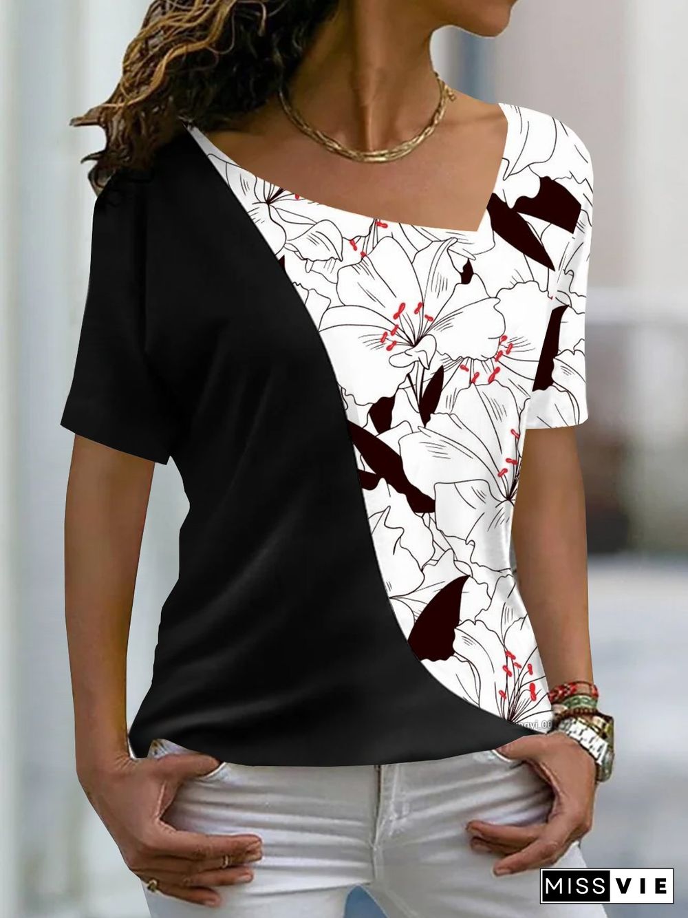 Vacation Floral Color Block Printed Casual Loosen Asymmetrical Neck Short Sleeve T-Shirt