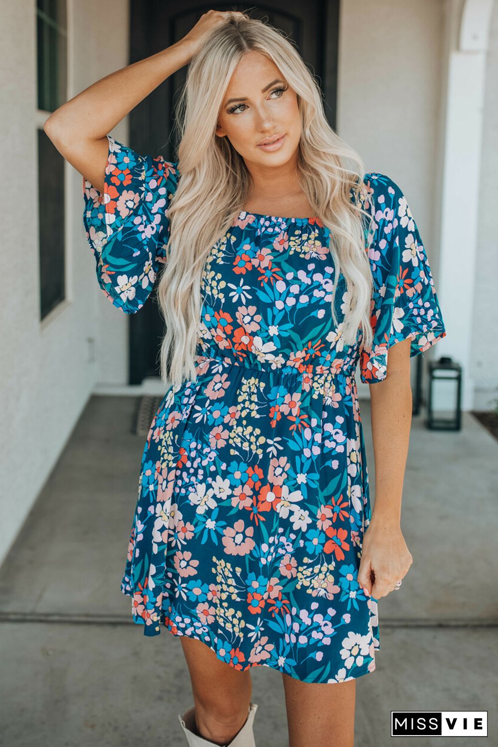 Blue Square Neck Ruffle Floral Dress