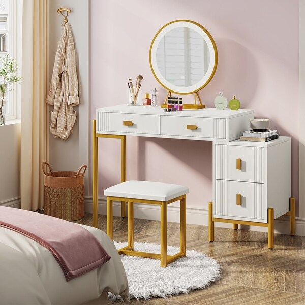 White Gold Vanity Desk with Lights and Mirror， Makup Vanity with Chair and Storage Cabinet - - 37839004