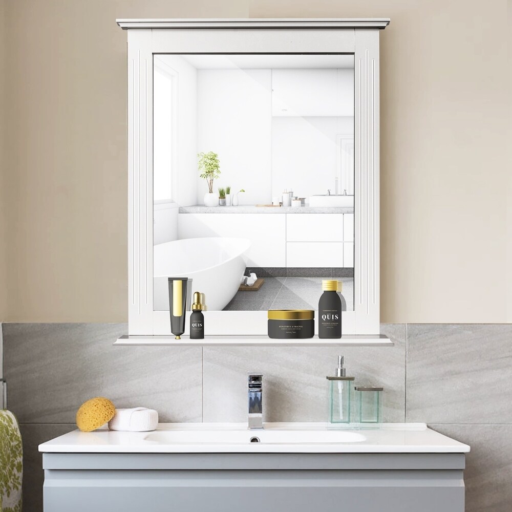 Square Vanity Makeup Mirror Bathroom Wall Mirror with Holding Shelf