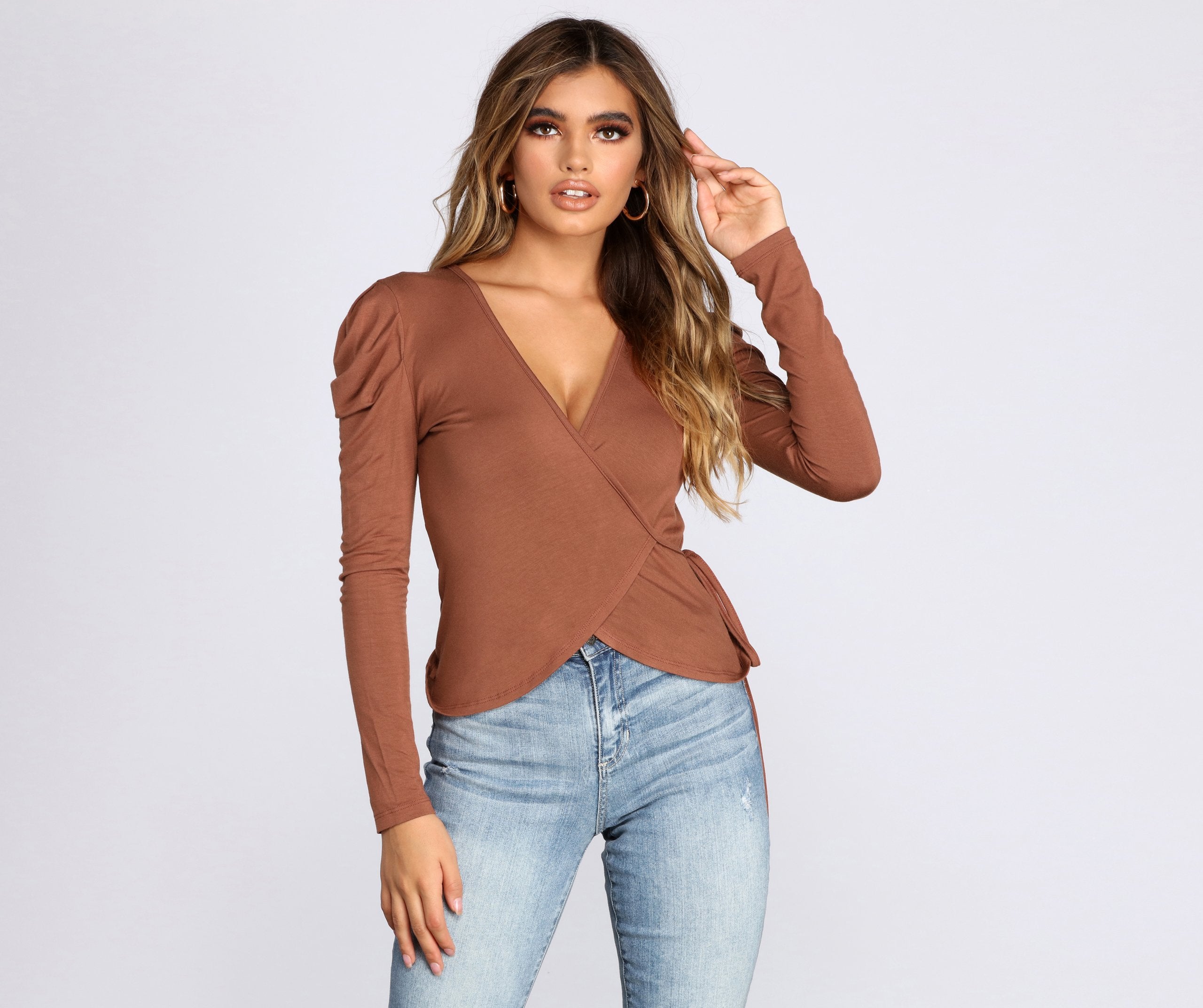 Ruched Shoulder Wrap Front Top