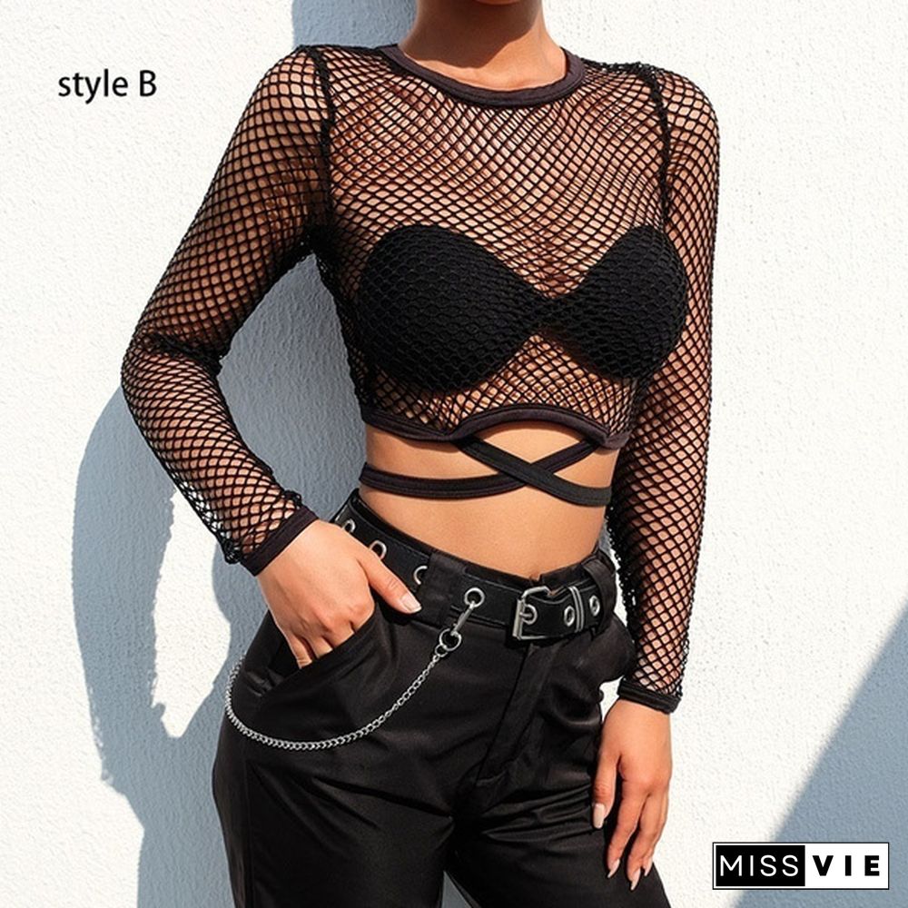 Women's Summer Fashion Black Fishnet Tops Sexy Hollow Long Sleeve Mesh Tops T-shirt Sheer Tops