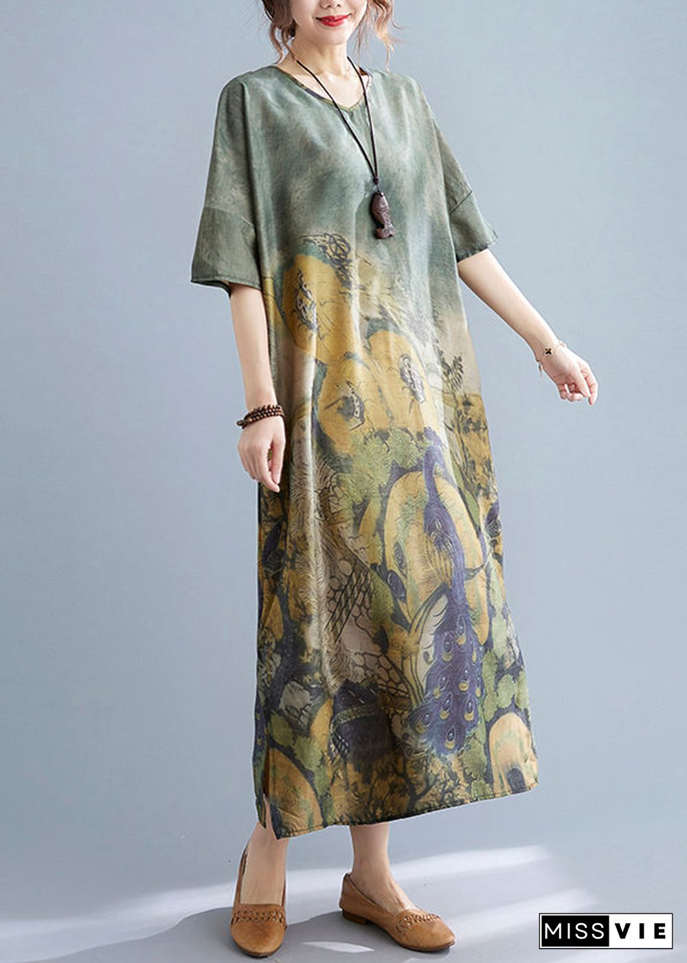 Elegant Peacock Green V Neck Print Side Open Dresses Short Sleeve