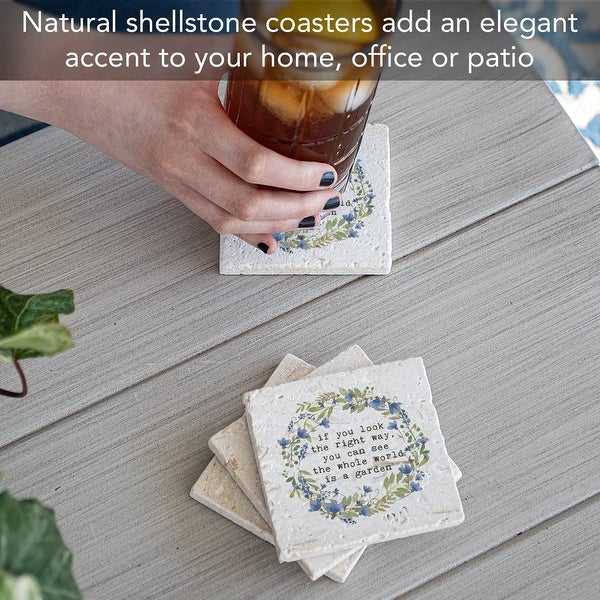 World is A Garden 4 Pack Natural Shell Stone Absorbent Coasters with Protective Cork Backing Manufactured in The USA