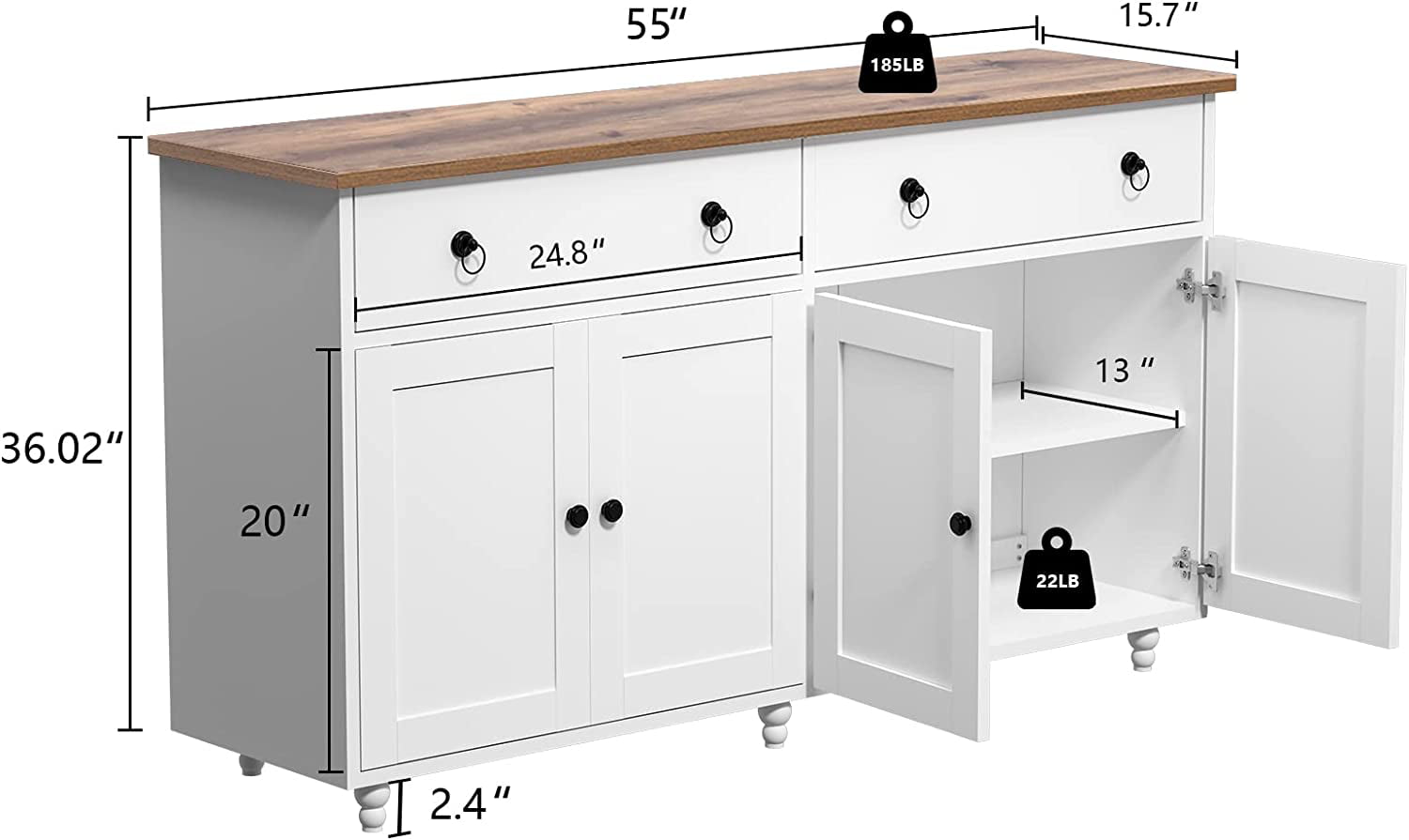 White Kitchen Storage Cabinet Sideboard Buffet， Mid-Century Buffet Cabinet Cupboard with 2 Drawers and 4 Doors for Dining Room， Wooden Storage Cabinet， White