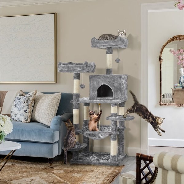 Yaheetech 59-in Plush Cat Tree and Condo， Dark Gray