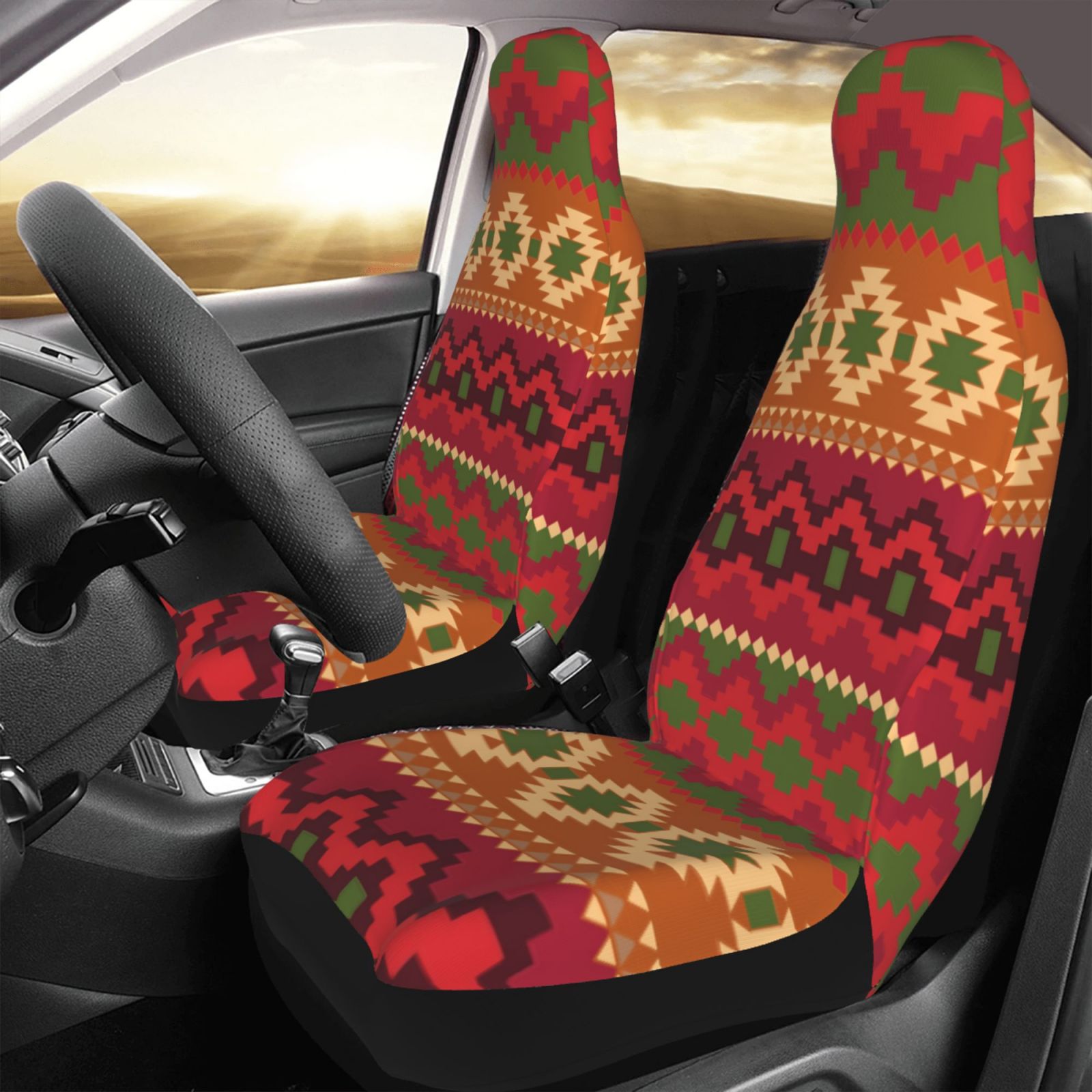 TEQUAN Front Seat Covers， Maya Aztec Textile Design Pattern 2 Piece Car Seat Cover Fit Most Car SUV Truck Van