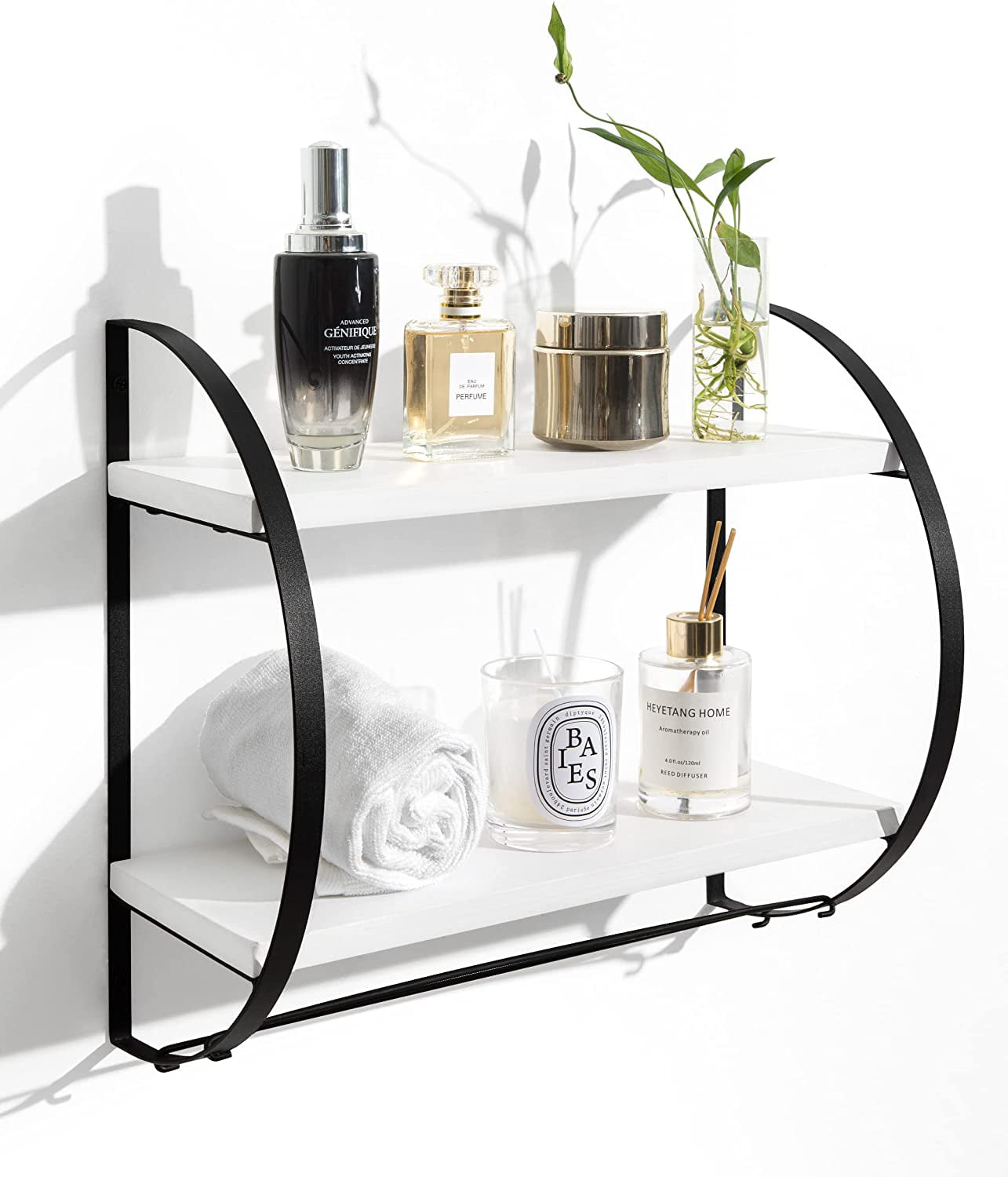 Afuly Floating Shelves with Towel Bar, 2 Tier Storage Shelf  Wall Mounted, Black and White Shelves