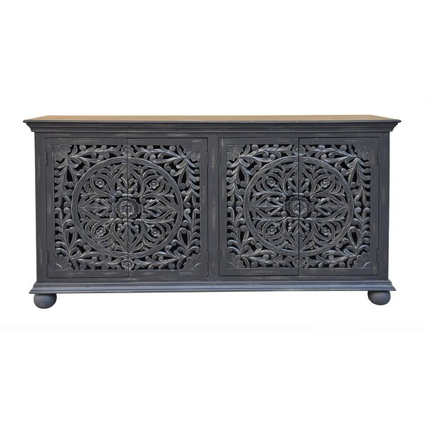 Yvette Boho 4 Door Storage Credenza/Sideboard with Carved Door Fronts - Weathered Black