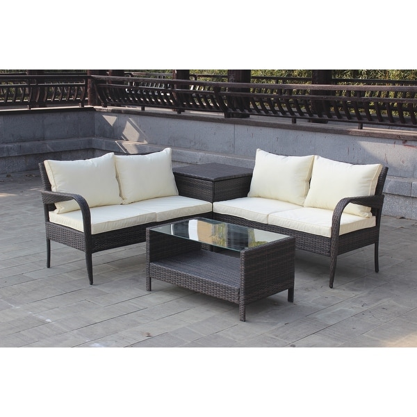 4 Piece Wicker Rattan Outdoor Sectional Sofa Set with Storage Box