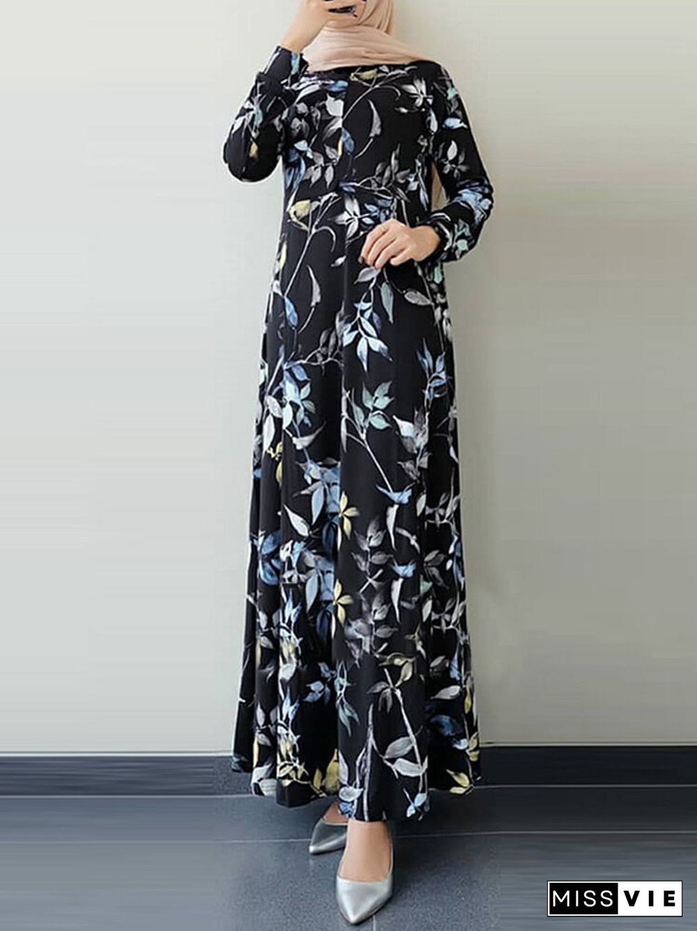 Leaves Print O-neck Long Sleeve Casual Muslim Dress for Women