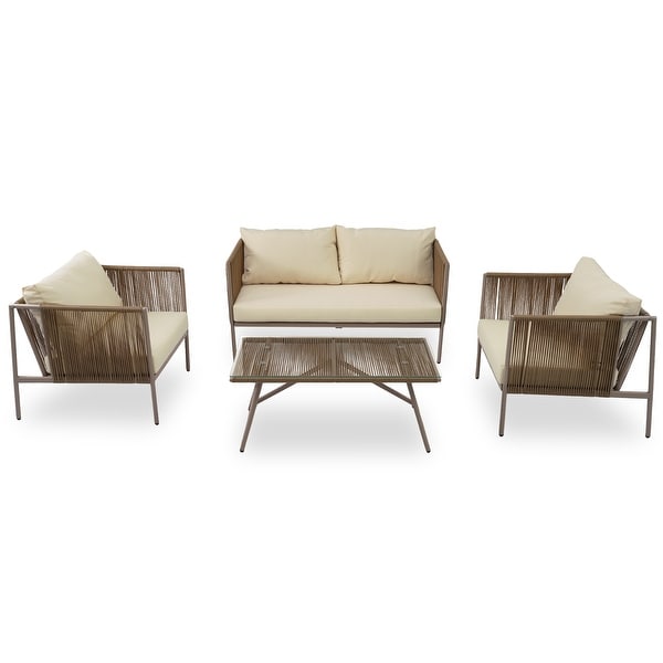 AllWeather Patio Furniture 4piece Rope Sofa Set with Thick Cushions and Toughened Glass Table