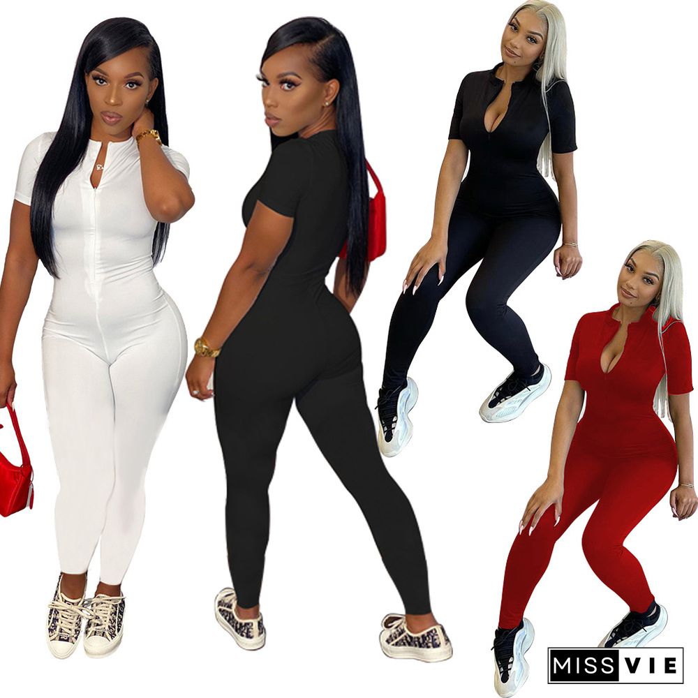 Solid Color Front Zipper Round Neck Short Sleeve Workout Active Wear Bodycon Womens Jumpsuit