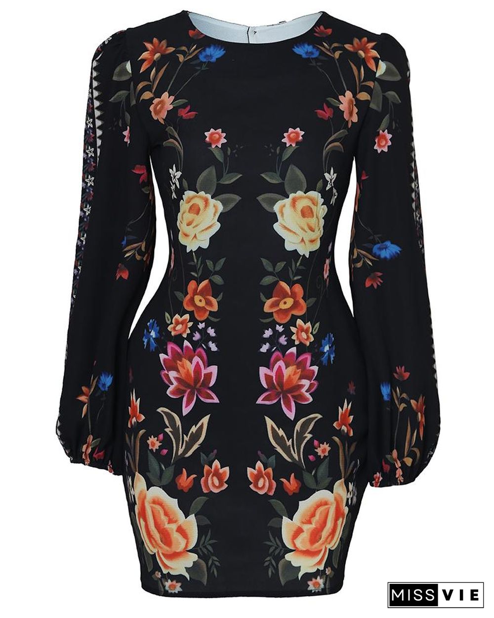 Cutout Back Lantern Sleeve Floral Bodycon Dress P11171