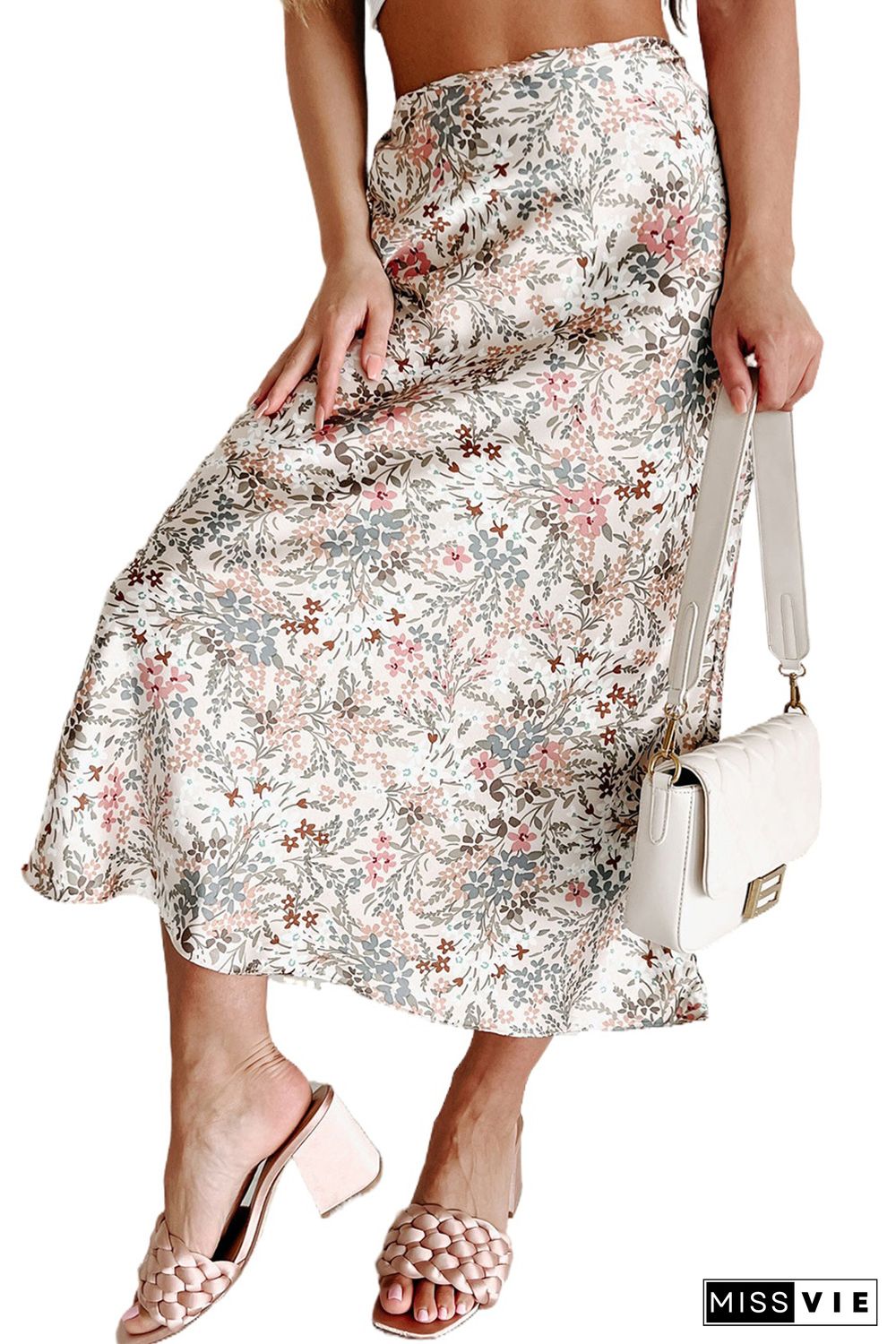 Beige Floral High Waist A-Line Skirt