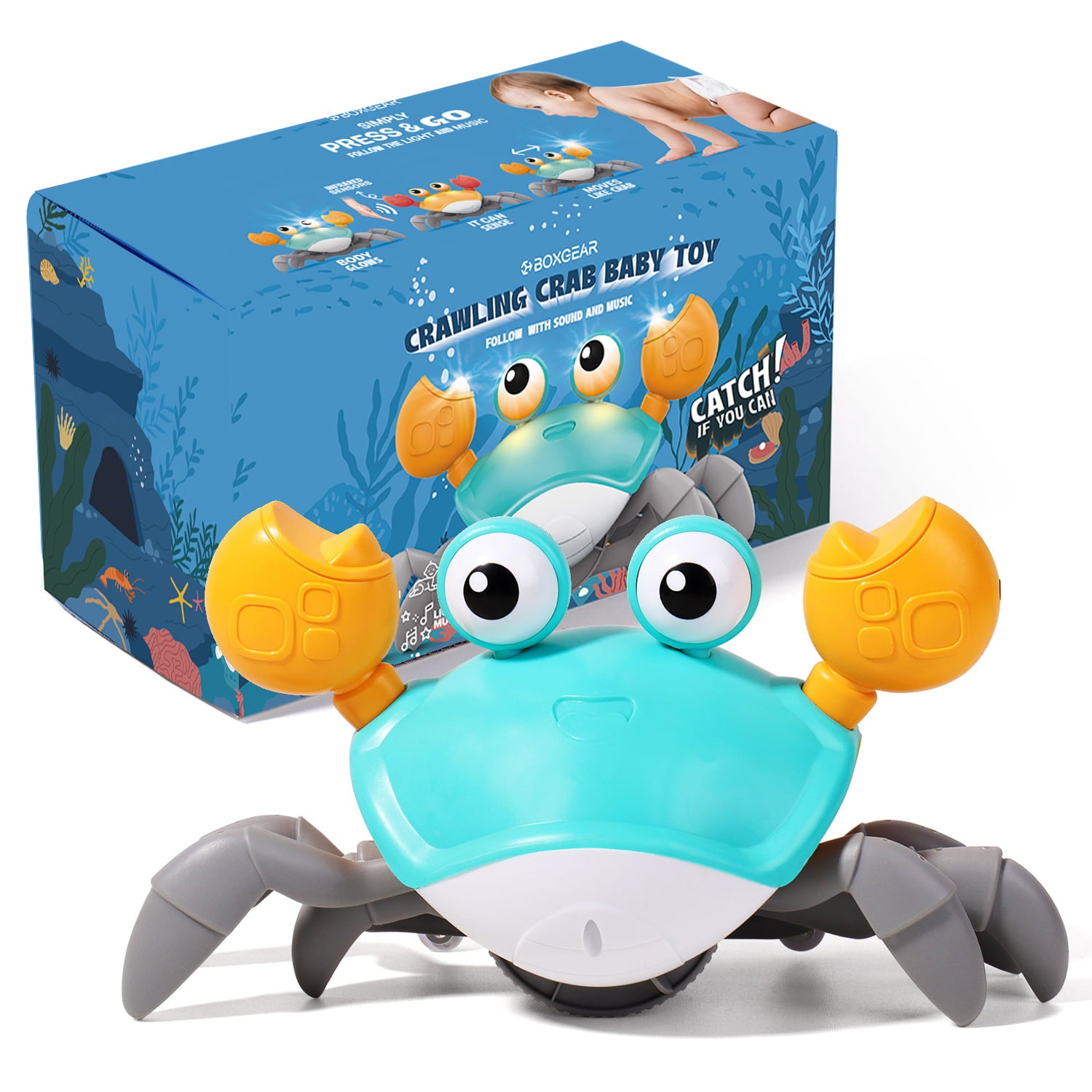 Boxgear Crawling Crab Baby Toy – Tummy Time Toys for Babies – Cute Interactive Baby Toys with Light and Music Functions – Crawling Baby Toy for Sensory Development， Learning