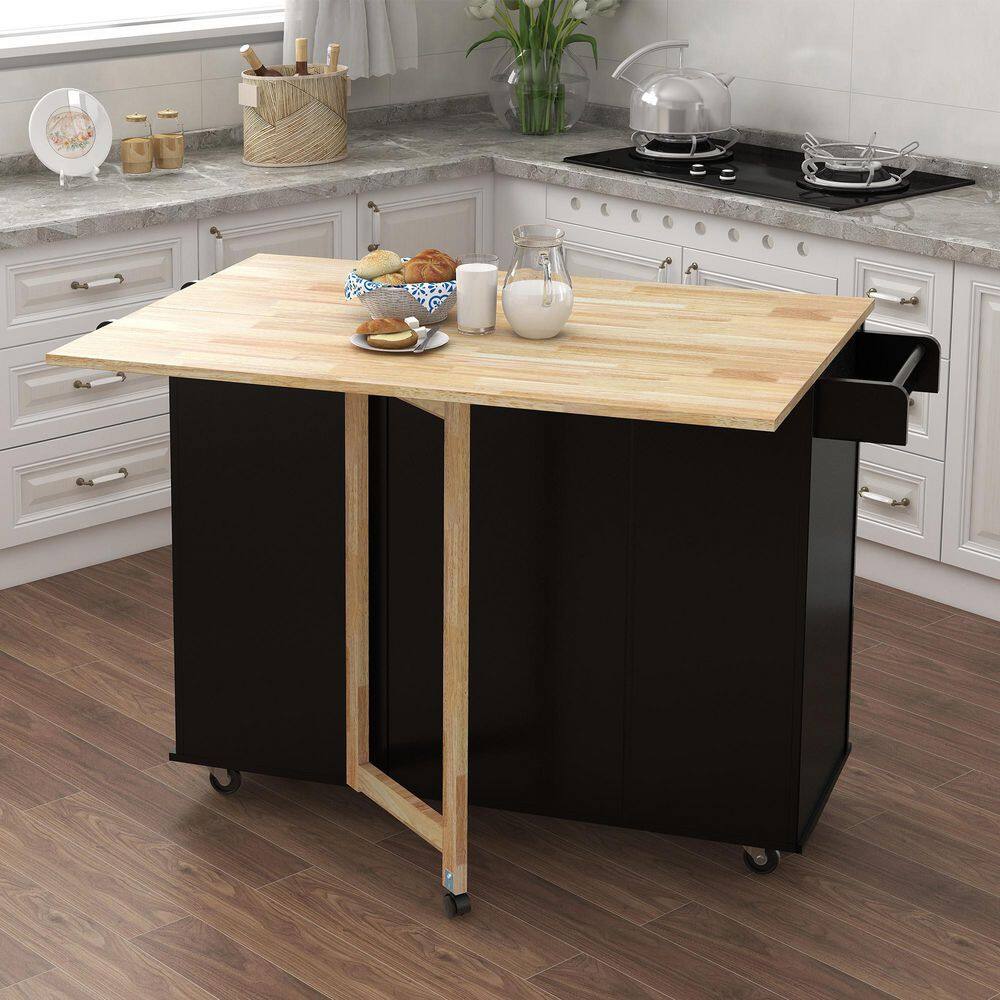 Black Solid Wood Table Top Extensible Kitchen Island with Spice Rack and Towel Rack EC-KIBK-963