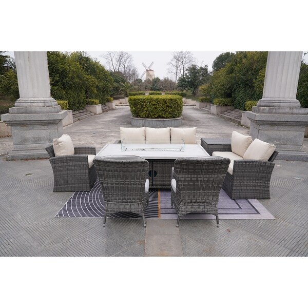 7Piece Patio Rattan Sofa Set with Alum Dining Table and Armchairs