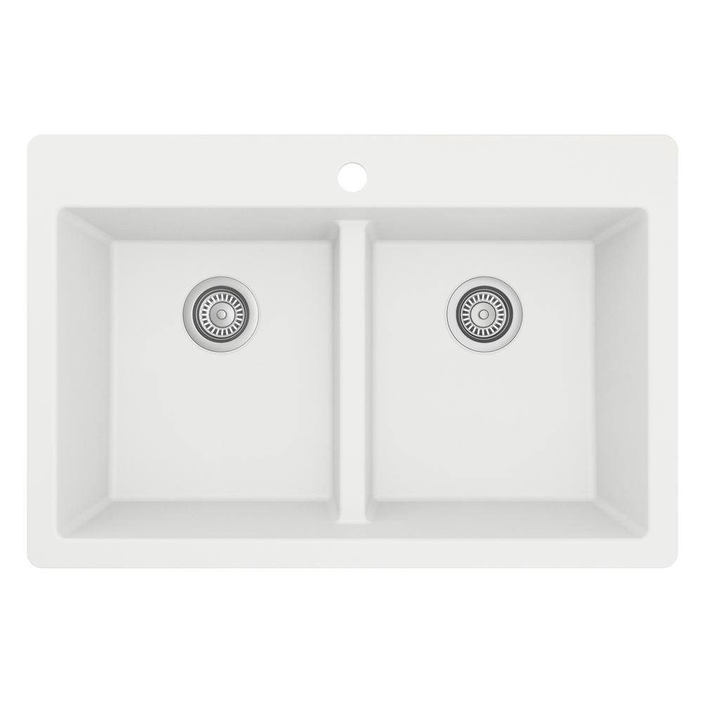 Karran QT-810 QuartzGranite 33 in. Double Bowl 5050 Top Mount Drop-in Kitchen Sink in White with Bottom Grid and Strainer QT-810-WH-PK1