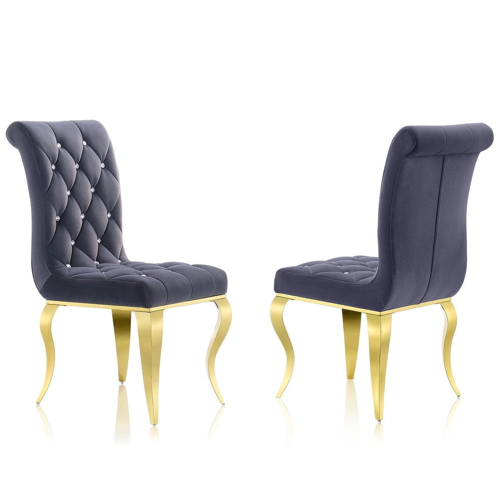 Luxury Gray Velvet Tufted Upholstered Dining Chairs with Polished Gold Cabriole Legs