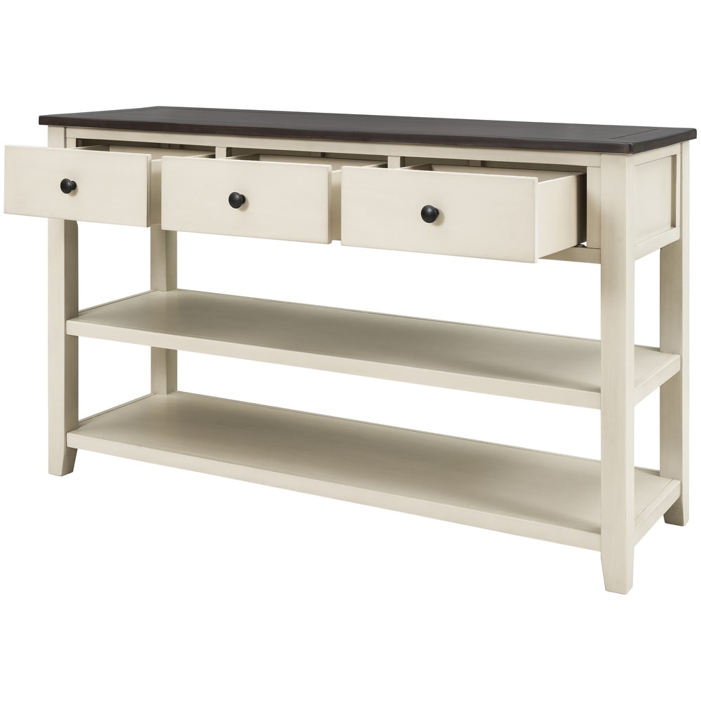 Retro Console Table Entryway Table with 3 Drawers   2 Layers Shelves  Wood Long Sofa Table Side Table for Living Room  Beige