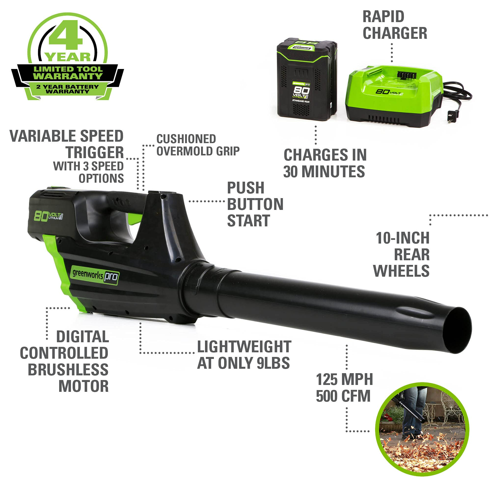 80V 500 CFM Leaf Blower  Battery | Greenworks Tools