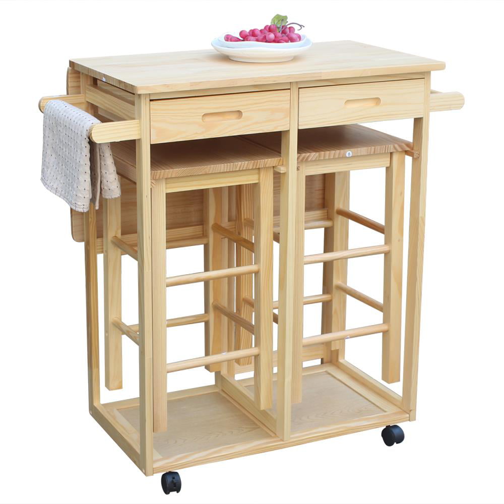 Ktaxon Kitchen Island Rolling Trolley Cart Storage Dinning Table Stools Set Wood