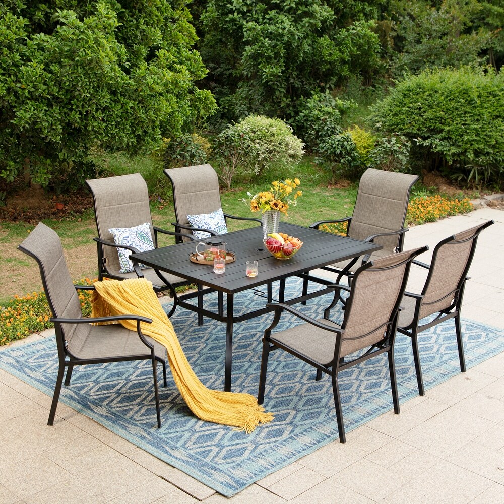 7 Piece / 5 Piece Padded Textilene Chairs with Wave Arms   Metal Table Patio Dining Set