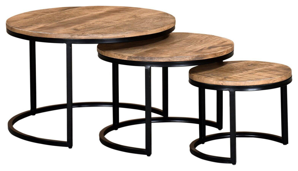 3 Pieces Nesting Coffee Table  Black Powder Metal Frame With Brown Wooden Top   Industrial   Coffee Table Sets   by Declusia  Houzz