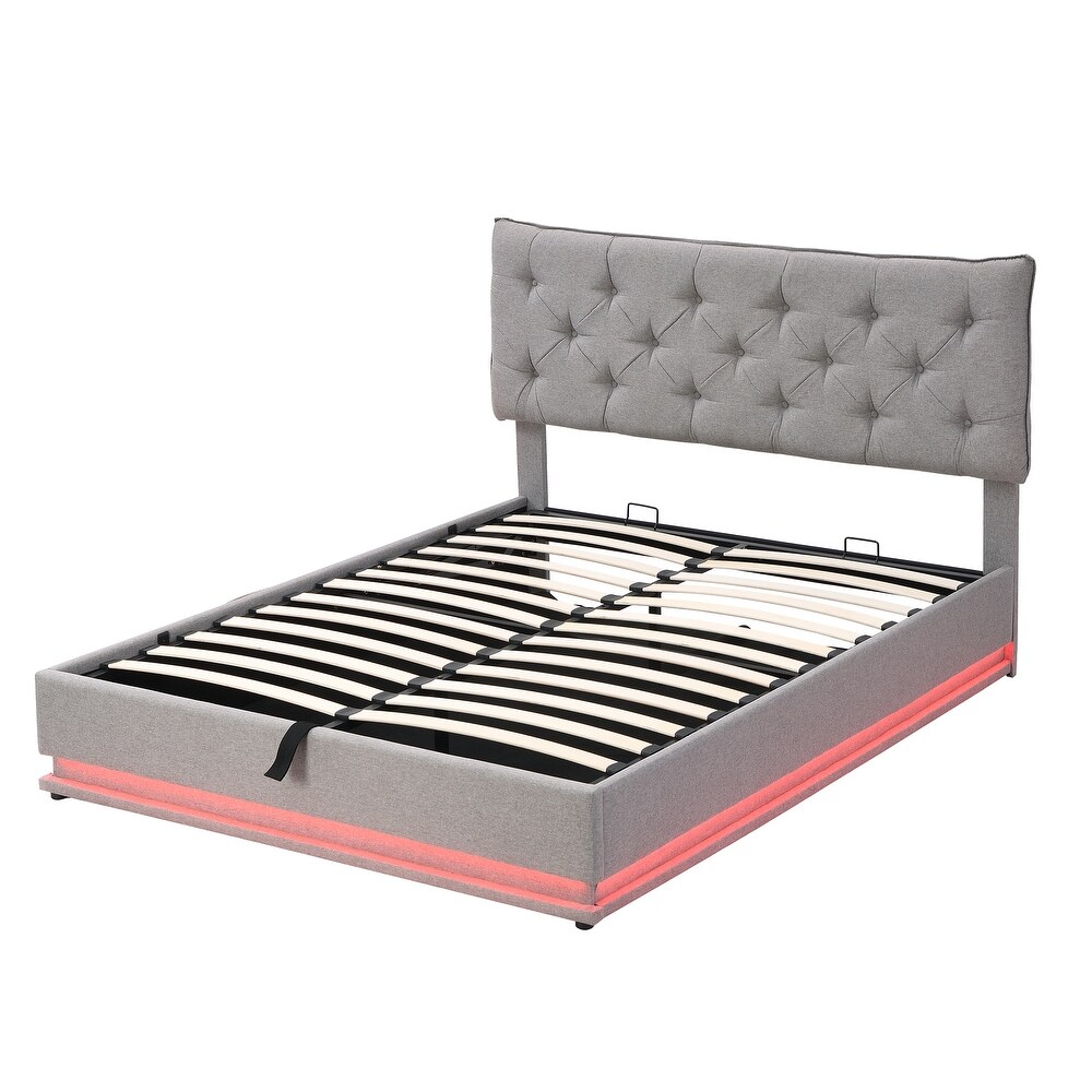 Queen Size Gray Storage Bed w/ Hydraulic Storage System Platform Bed Frame