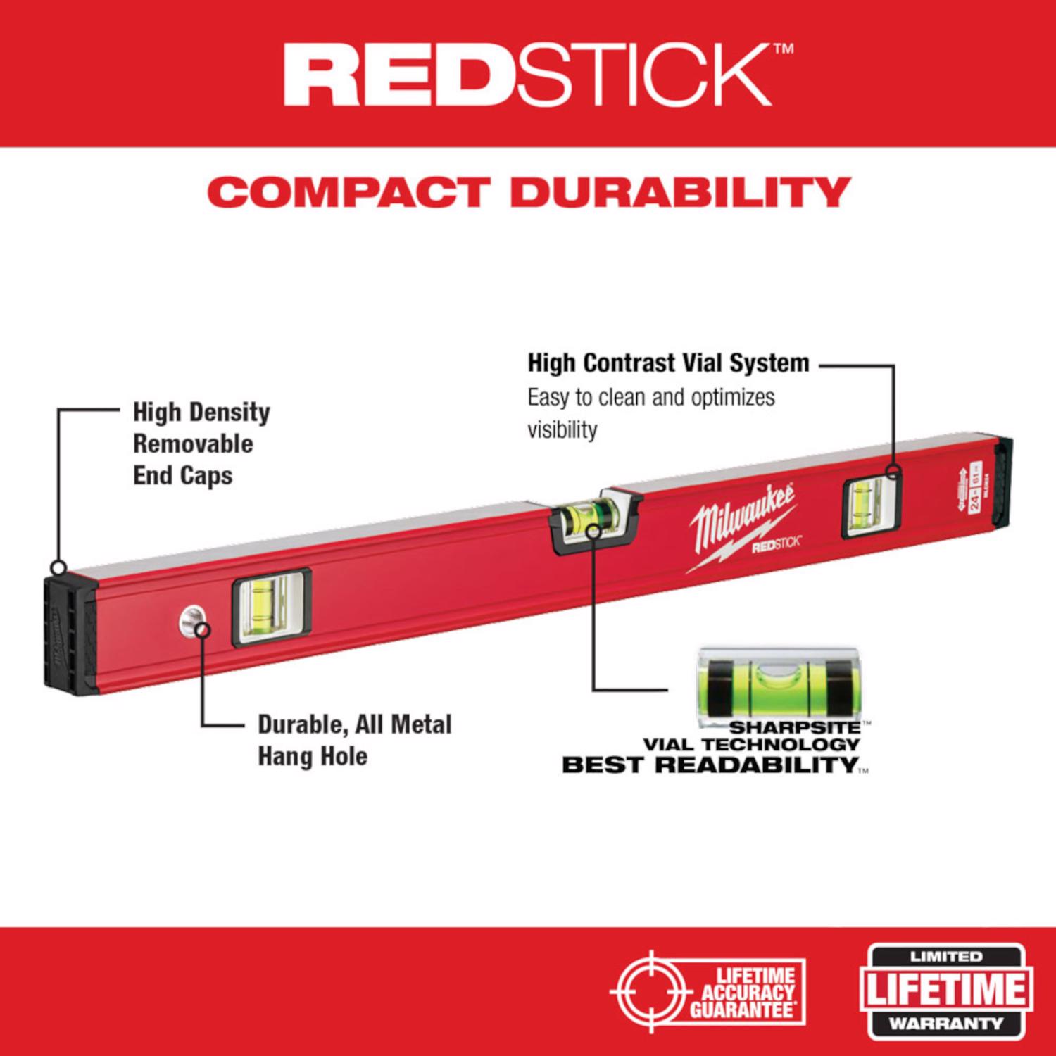 MW RedStick 24 in. Aluminum Magnetic Compact Box Level 3 vial