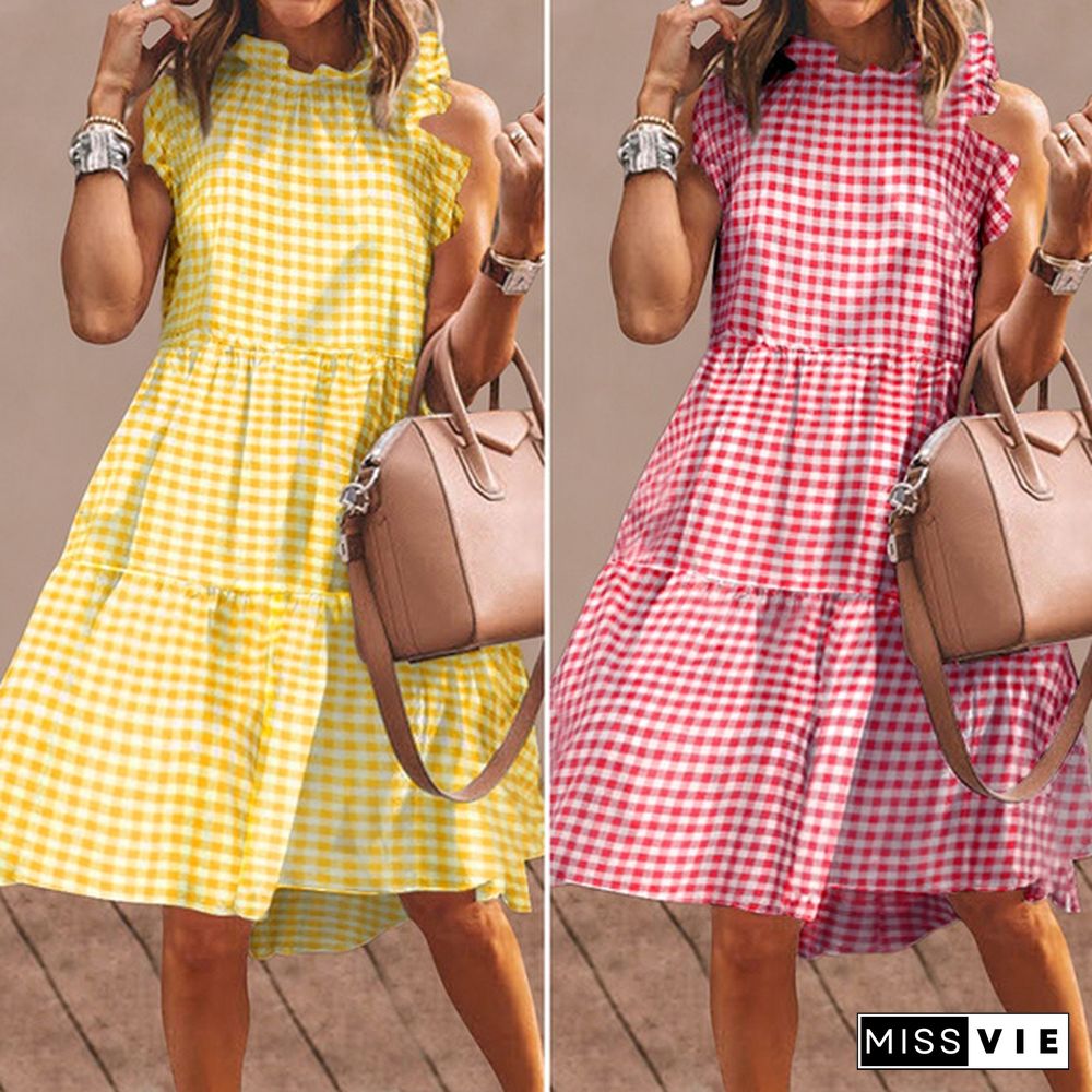 S-5XL Women Sleeveless Holiday Party Midi Dresses Summer Ruffled Cuff Vintage Plaid Tank Dress Sundress Kleid