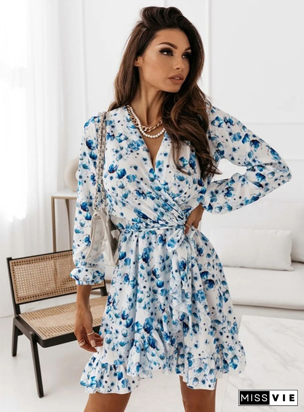 Fall Fashion Floral Print V-neck Long Sleeve Slim Mini Dress Ladies Elegant Vestidos