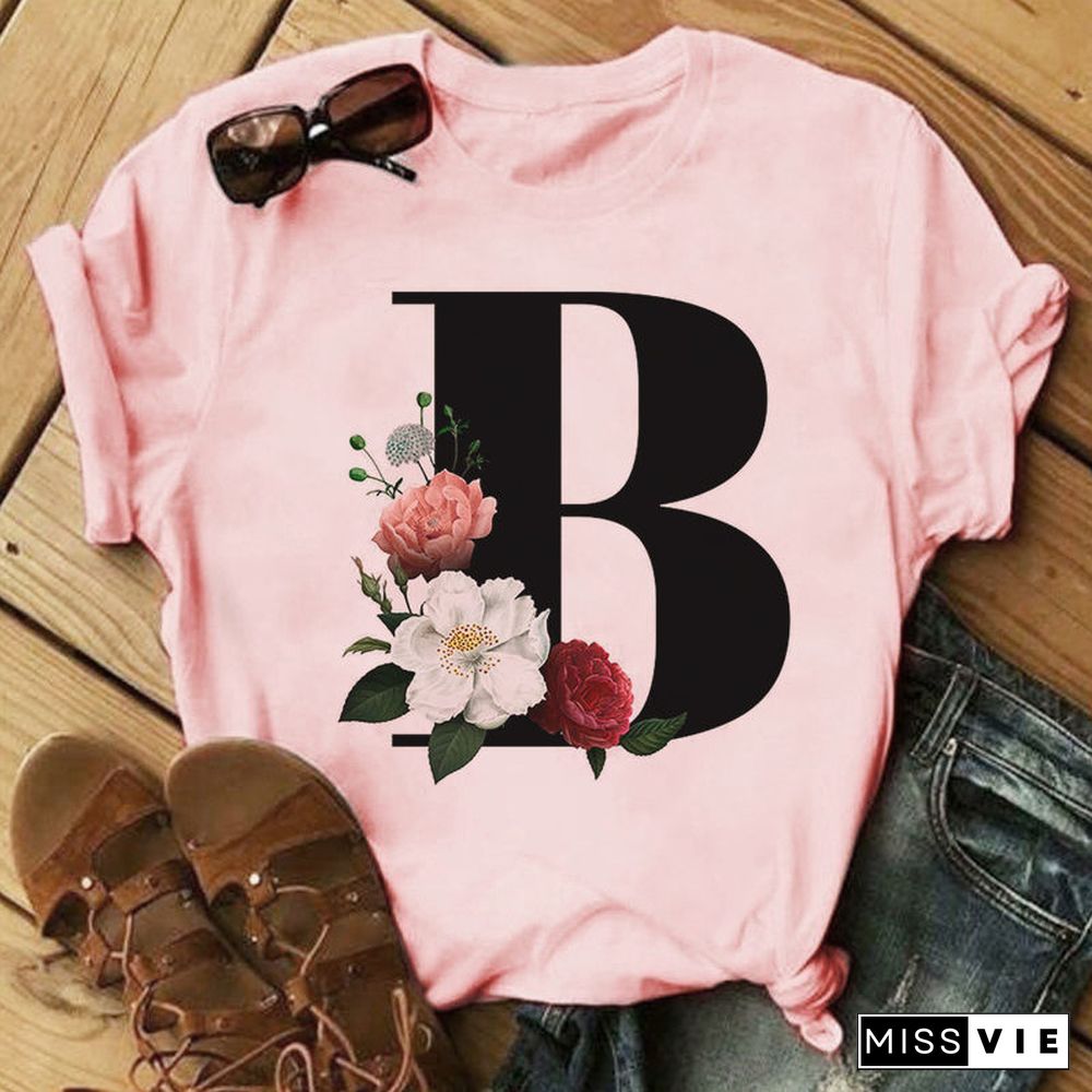 26 Letter Alphabet A-Z Women T-Shirts Fashion Breathable Flowers Short Sleeve Casual Tops Couple Basic Tee Crew Neck Clothes Top